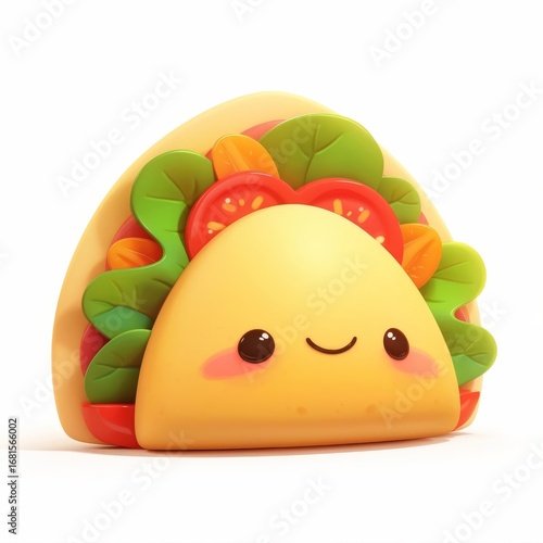A whimsical animated taco character with anthropomorphic features, large round eyes, and a wide smile,