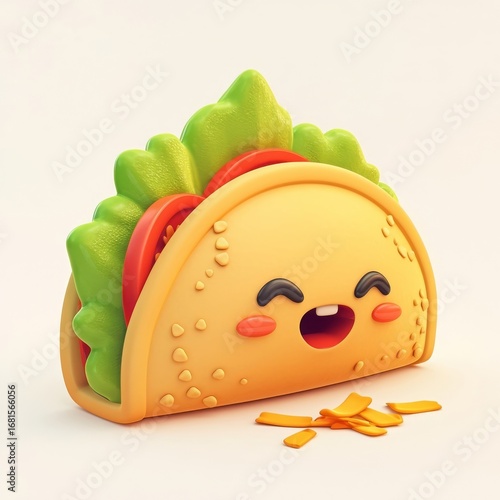 A cheerful anthropomorphic taco with large round black eyes, long eyelashes,