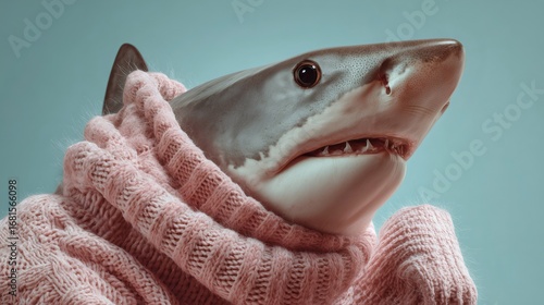Great white shark wearing a cozy pink sweater, creating a humorous and surreal juxtaposition against a teal background, perfect for conveying unexpected warmth, gentle giant, or playful irony