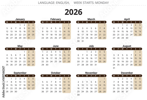 2026 english calendar. year illustration. Week starts monday