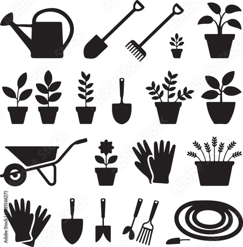 Collection of gardening tools and potted plants in silhouette vector illustration