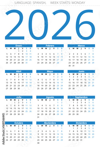 2026 year spanish calendar. Vector illustration for Spain - calendario