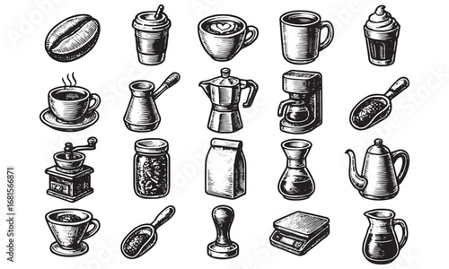 Premium Coffee Equipment Icons Set - Espresso Machines, Mugs, and Beans Art