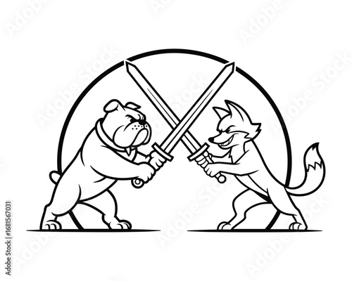 Bulldog And Fox Fighting With Swords duel