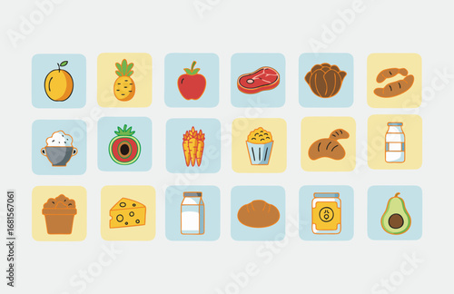 " Stylized food illustrations in minimalist outline format, showcasing diverse ingredients from fruits to proteins