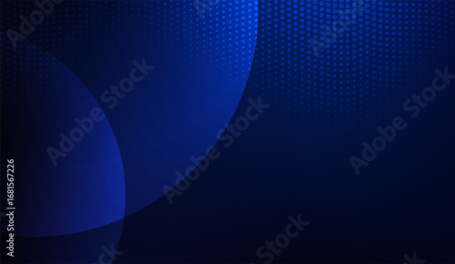 The image displays a dynamic, layered abstract background featuring dark and light shades of blue, accentuated by circular shapes and subtle halftone patterns to add visual depth and interest