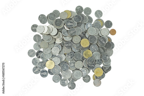 A pile of money coins representing finance and savings. Business currency for investment or wealth isolated on white background with clipping path.