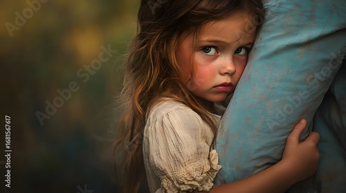 Portrait of a scared little girl hugging a person feeling insecure and seeking comfort and protection