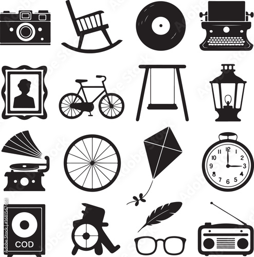 Assortment of vintage and retro object silhouettes including camera and radio objects rocking chair