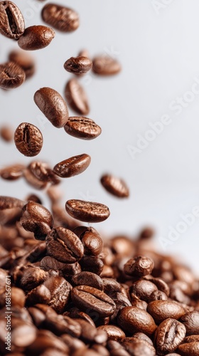 Coffee beans falling in motion, close-up studio shot, aromatic ingredient, roasted brown, caffeine energy, vertical composition, food photography