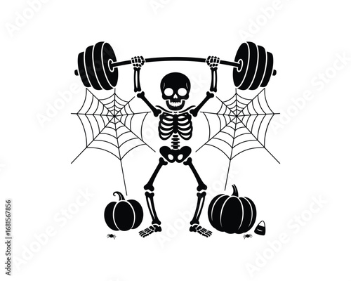 Skeleton weightlifter with pumpkins and spiderwebs Happy Halloween celebration