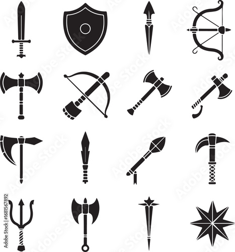 Set of black silhouette icons representing medieval weapons and armor sword shield