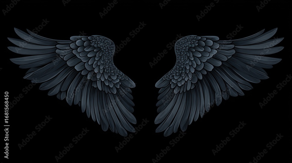 Fototapeta premium Pair of dark gray angel wings spread wide, on black background. Possible use Stock photo for fantasy, spiritual, or decorative themes