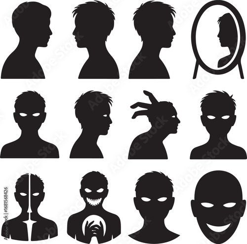 Silhouette heads of people and monstrous figures in profile and front view male