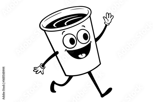 anthropomorphic disposal cup cartoon style running silhouette