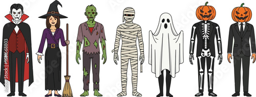 A cartoon illustration of various halloween characters standing in a row on a light green background
