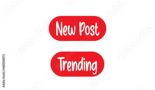 Eye-catching red vector graphic displays the phrase 'New Post' above 'Trending' in white, presented on a clean, minimalist white background for effective visual communication