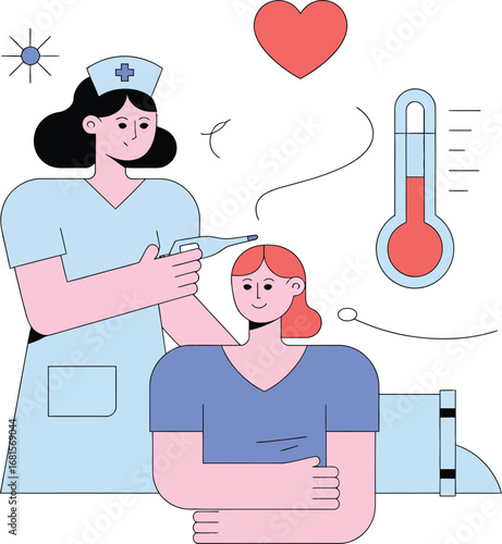 Nurse administering injection to patient with medical icons for health and wellness concepts