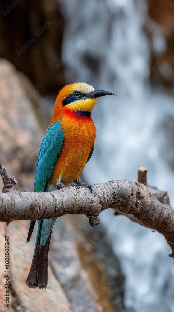 Fototapeta premium Close-up of a White-fronted Bee-eater perched on a branch with a waterfall in the background, eye-level view, South Africa