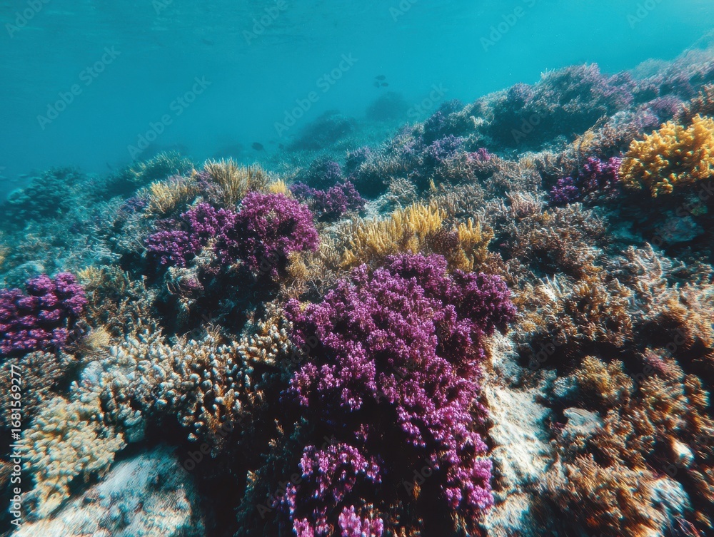 Fototapeta premium Underwater view of vibrant coral reef with purple and yellow coral formations in tropical ocean environment