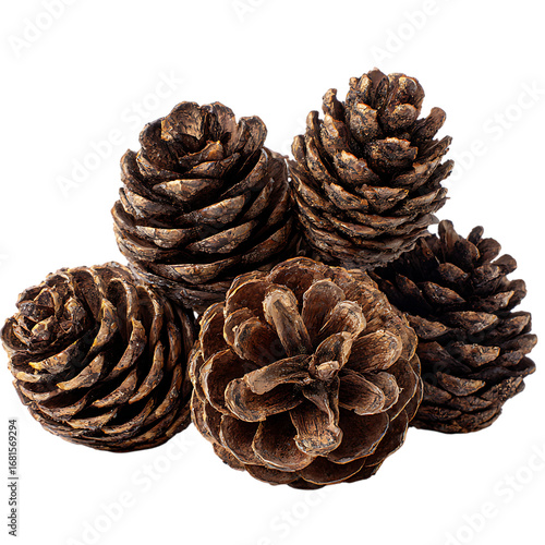 Five brown pine cones - natural autumn decoration on white background.  
