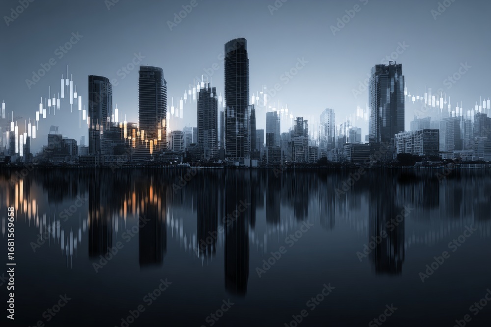 Fototapeta premium Modern cityscape reflecting on water with an ascending stock market graph, representing economic growth and financial success