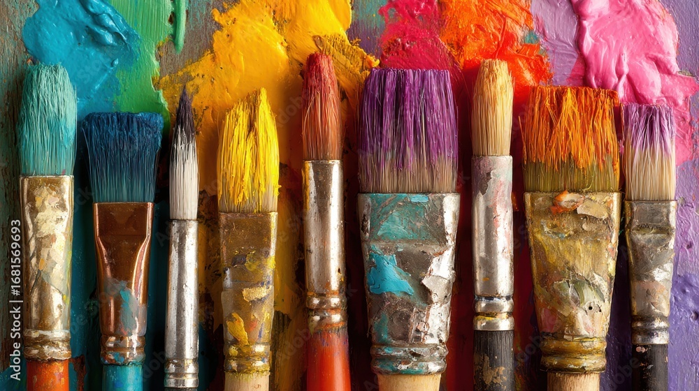 Fototapeta premium Colorful Paintbrushes on Palette Close Up Still Life Art Studio Tools Artistic Expression Creative Process