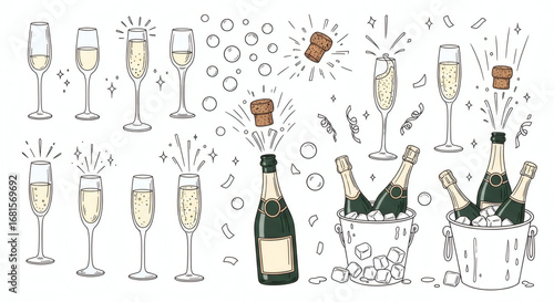 Set of hand drawn sparkling illustrations of celebration. Doodle drawings of champagne flutes, popping corks, bubbles, bottles in ice buckets, and confetti