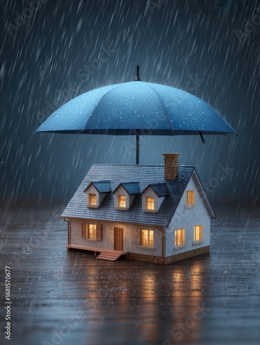 House under umbrella in rain symbolizing home protection insurance concept eye level studio shot