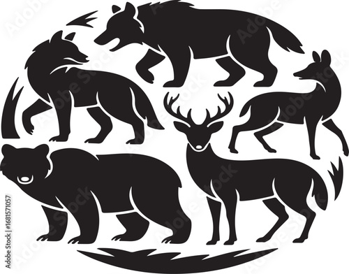 Diverse Wildlife Silhouettes in a Circular Arrangement