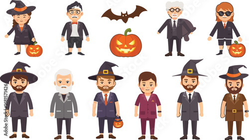 Cartoon characters in halloween costumes with pumpkins and a bat on a dark gray background