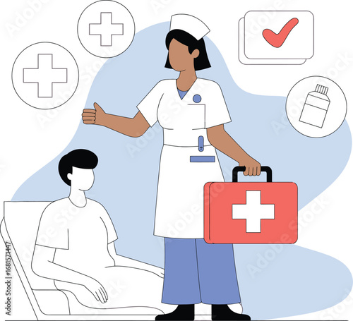Caring nurse provides medical assistance to patient with first aid kit and health icons