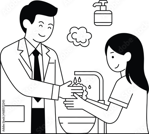 Doctor teaching child proper handwashing technique for hygiene and health
