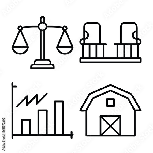 Scales graph barn and seats icons justice balance