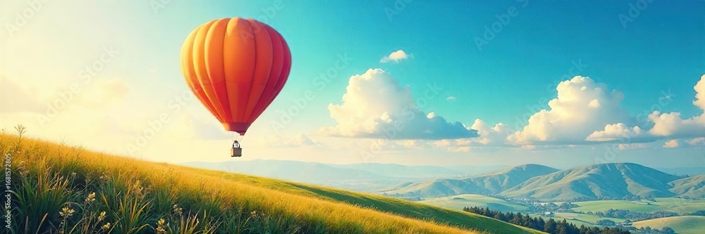 Naklejka premium A whimsical hot air balloon floats serenely against a vibrant, azure sky, casting a long shadow on the landscape below Perfect for travel, adventure, and freedom themes , sunshine, azure, freedom