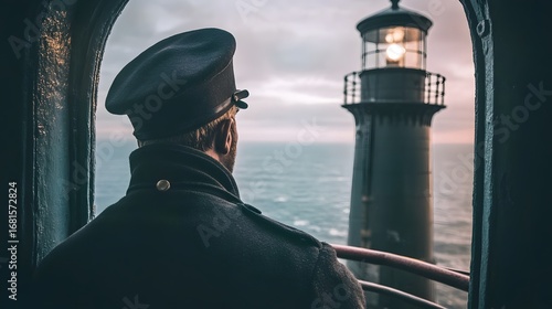 Lighthouse keeper looking out to sea from window maritime safety navigation coastal guard ocean view