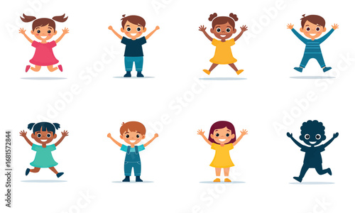 Happy cartoon children jumping and smiling in colorful outfits isolated on white background illustration