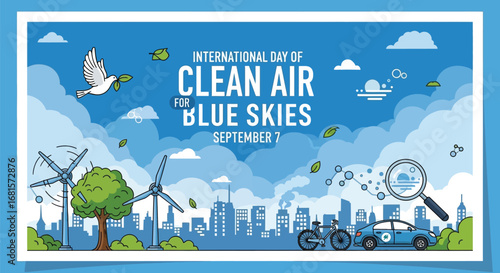 Illustration for international day of clean air for blue skies with wind turbines and city skyline
