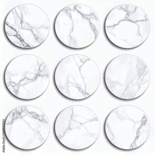 Elegant arrangement of nine marble textured circles for design purposes on white background