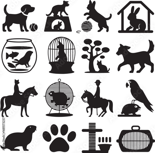 Pet and Animal Icons Silhouette Collection with Owners rabbit fish