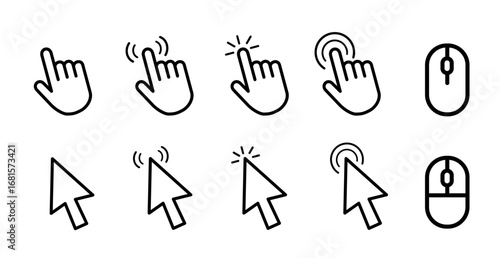 Computer mouse cursor icon set PNG Transparent background with arrows, hand pointers, click effects, loading symbols, and digital UI web design vector illustration