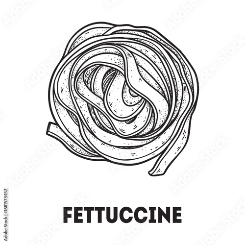 Pasta fettuccine sketch. Italian food. Hand drawn vector illustration. Fettuccine pasta Engraved style. Detailed black and white illustration.