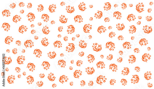 Elegant swirling fox and floral designs in light orange hues create a playful pattern against a clean white background, evoking a sense of whimsical charm and artistic flair