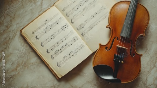 Violin and music sheets on wooden table, top view. Space for text