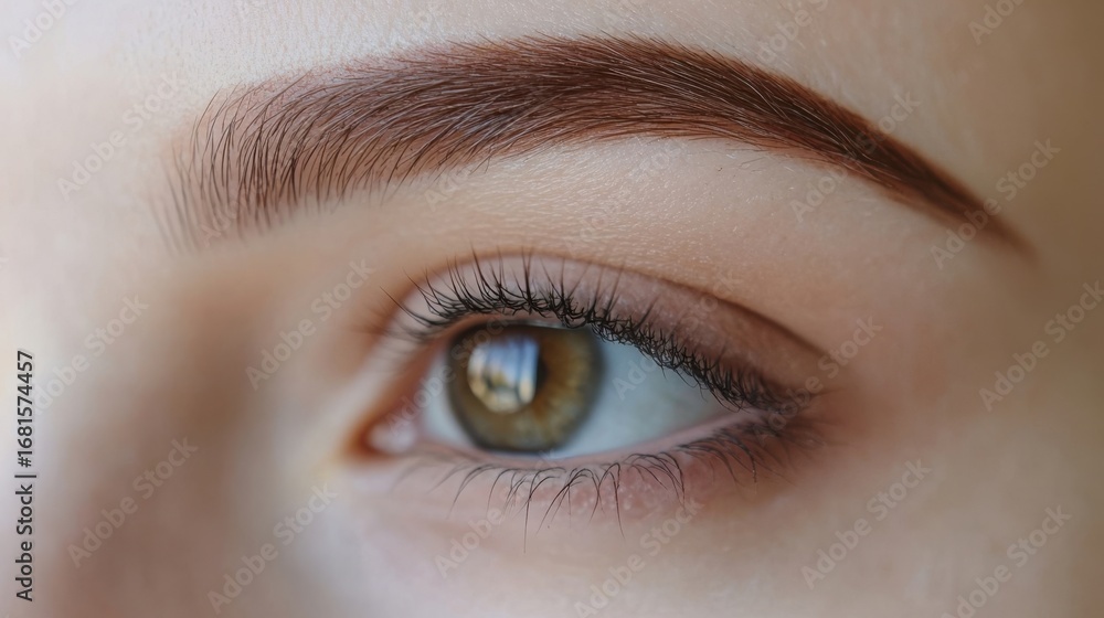 Obraz premium Close-up of a woman's eyes with well-defined eyebrows, full lashes, and smooth skin, highlighting meticulous grooming. Concept of beauty, eyebrow shaping kit, grooming and natural brow look.
