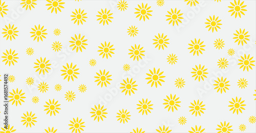 Cheerful yellow flowers are scattered across a light gray background, creating a bright and sunny floral pattern with a playful and refreshing aesthetic for various designs