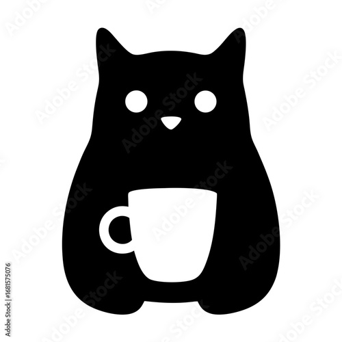 Cute black cat silhouette holding a white coffee cup
