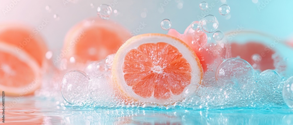 Fototapeta premium Citrus slices in bubbling water. Fresh grapefruit beverage ingredient. Healthy lifestyle beverage. Pink fruit refreshment. Summer drink concept.