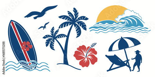 Vector cartoon illustration of a happy surfer on a tropical beach relaxing with an umbrella under the summer sun