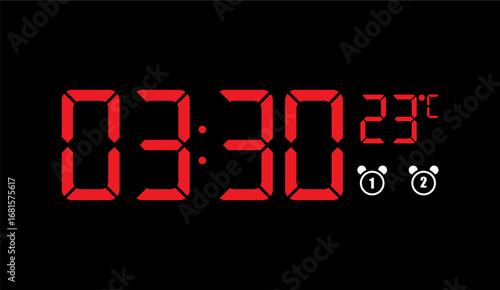 Digital clock shows 03:30 and 23°C with two alarm icons displayed in a minimalist design featuring red numerals and icons against a contrasting black background